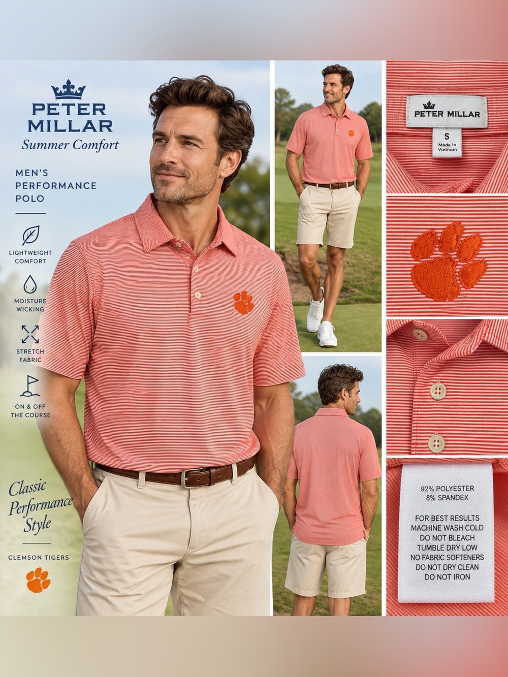 Peter Millar Clemson Tigers Polo Men’s Size S Orange Stripe Performance Golf